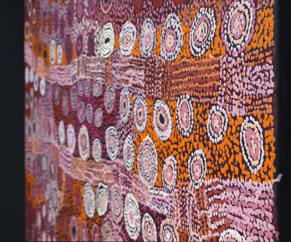 Artwork by Tjimpayi Presley, Mona Mitakiki Shepherd, Naomi Kantjuri, Seven Sisters, Made of acrylic on linen