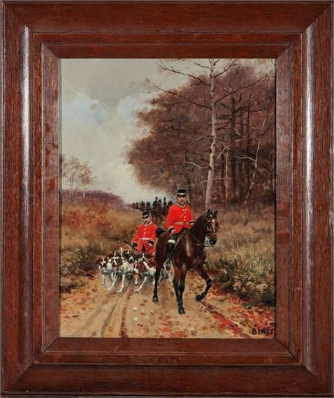 Piqueux à cheval et valet accompagné de ses chiens, au fond l'équipage by Adolphe-Gustave Binet