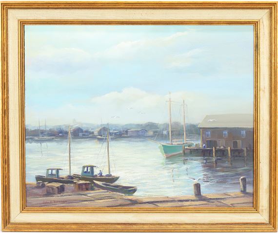 A serene harbor scene featuring boats, a pier, and distant buildings under a soft sky.