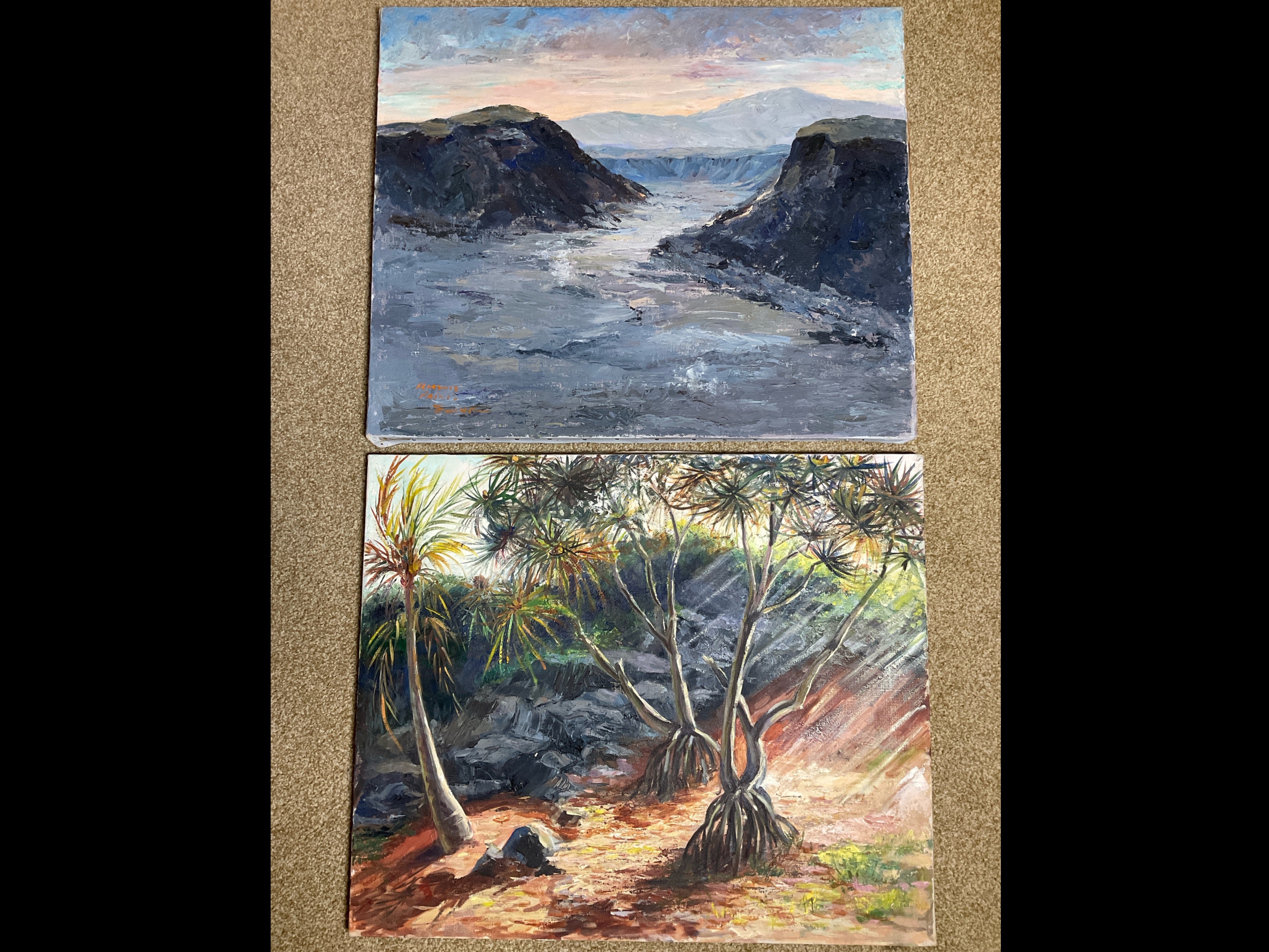Artwork by Florence Prince Ewing, damaged near mountain corner; second portrays a tropical landscape with trees and sunlight, Made of Oil on Canvas