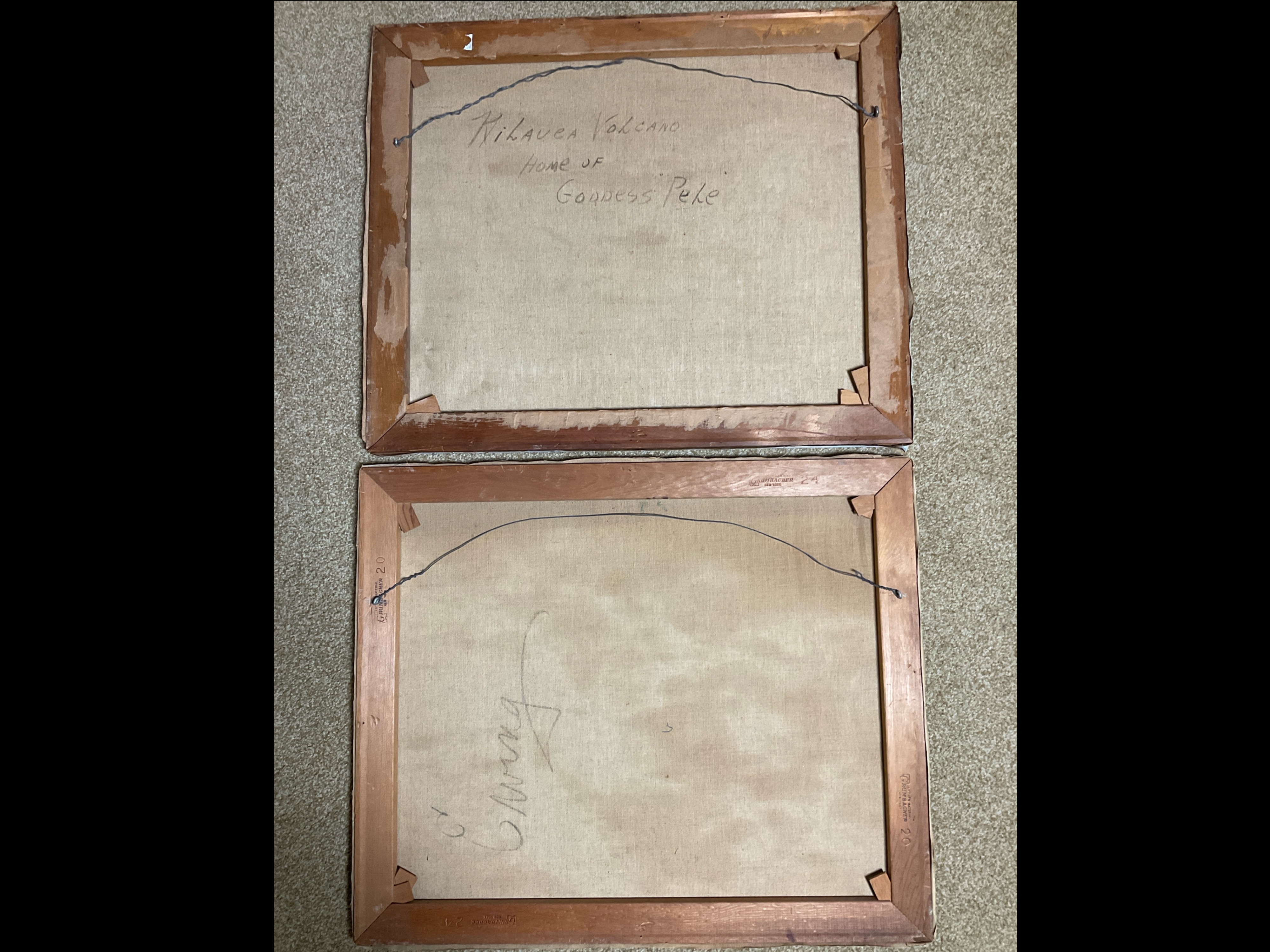 Artwork by Florence Prince Ewing, damaged near mountain corner; second portrays a tropical landscape with trees and sunlight, Made of Oil on Canvas