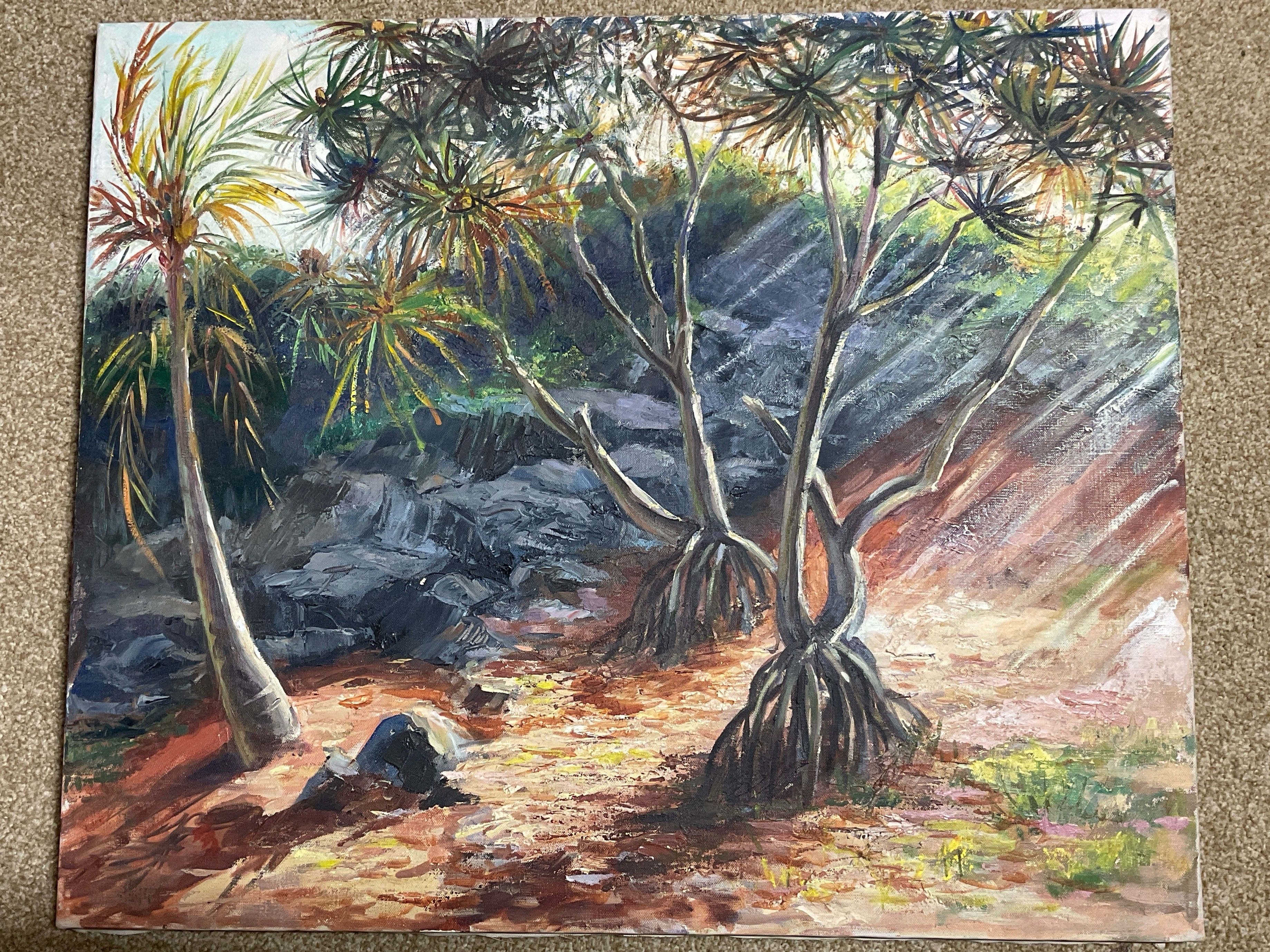 Artwork by Florence Prince Ewing, damaged near mountain corner; second portrays a tropical landscape with trees and sunlight, Made of Oil on Canvas