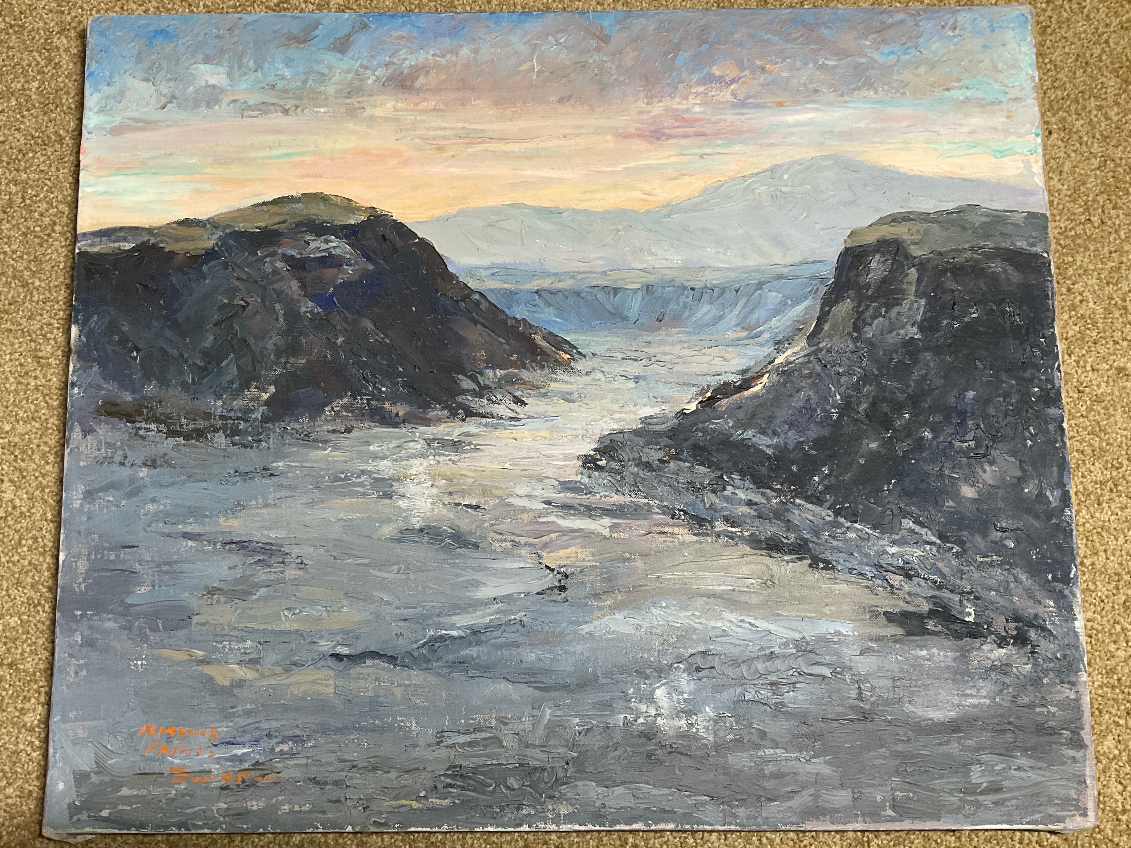 Artwork by Florence Prince Ewing, damaged near mountain corner; second portrays a tropical landscape with trees and sunlight, Made of Oil on Canvas