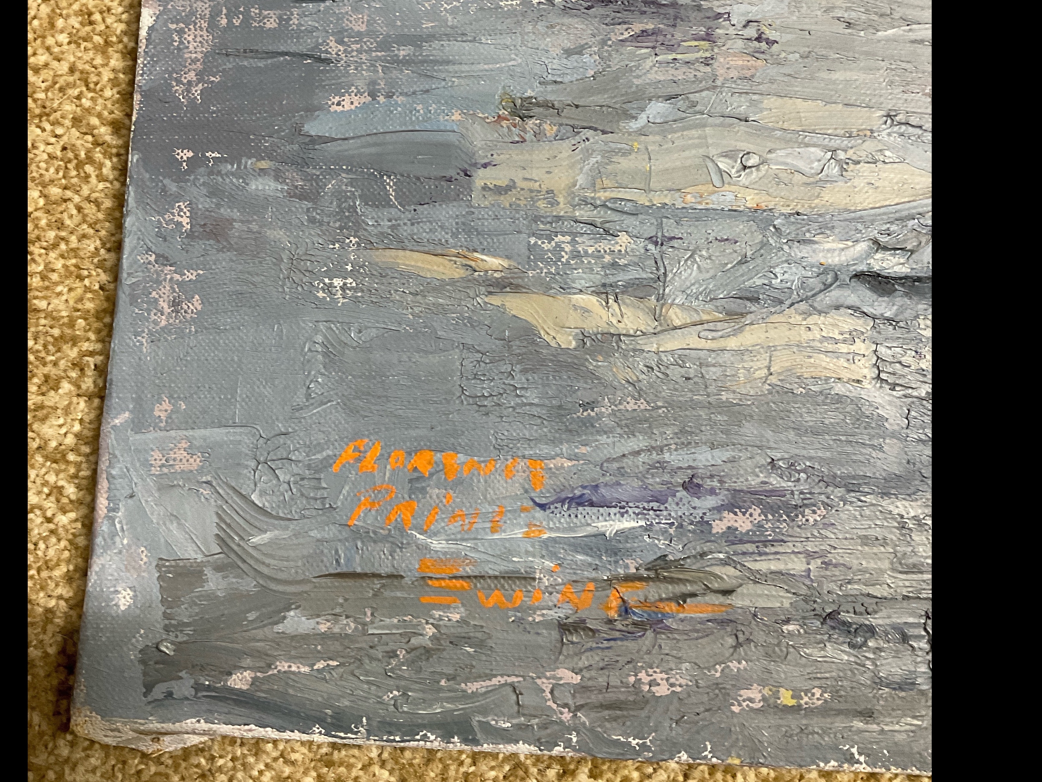 Artwork by Florence Prince Ewing, damaged near mountain corner; second portrays a tropical landscape with trees and sunlight, Made of Oil on Canvas