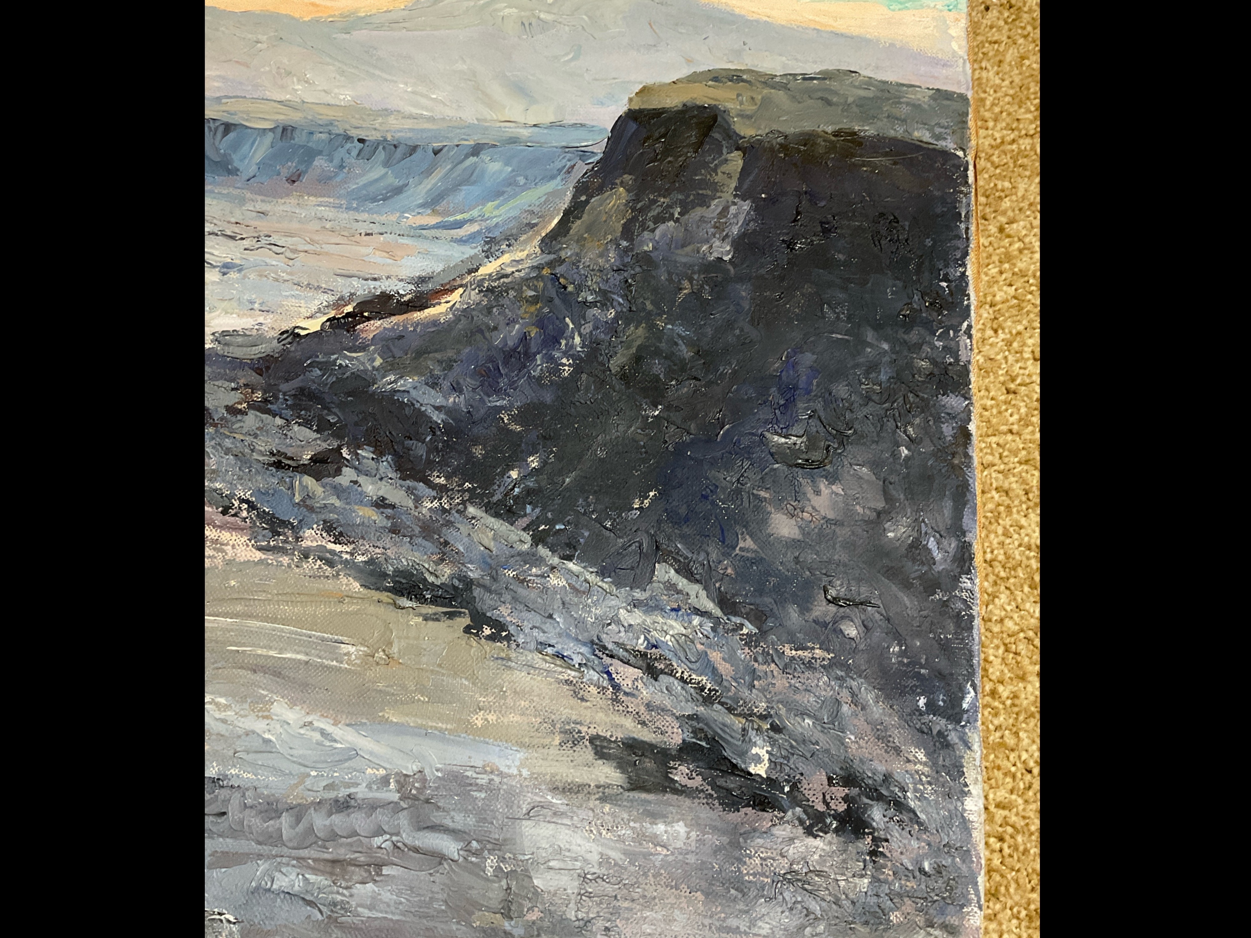 Artwork by Florence Prince Ewing, damaged near mountain corner; second portrays a tropical landscape with trees and sunlight, Made of Oil on Canvas