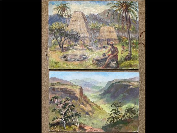 one depicting a tropical village scene with huts and palm trees by Florence Prince Ewing