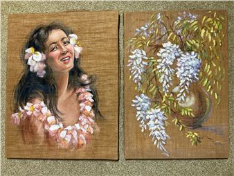 Florence Prince Ewing oil on canvas paintings featuring a portrait of a woman with a floral lei and a floral still life with wisteria - Florence Prince Ewing