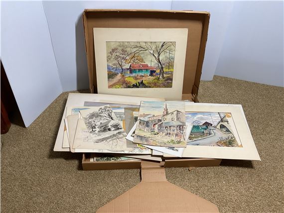 Signed and unsigned artwork including watercolor paintings by Florence Prince Ewing featuring landscapes