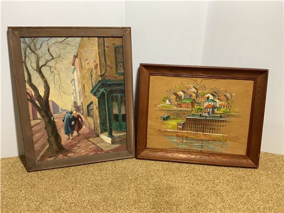 Framed Oil Paintings Depicting Urban and Harbor Scenes