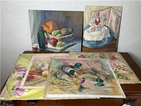 (7) Artwork collection includes five unstretched oil on canvas paintings featuring still lifes - Florence Prince Ewing