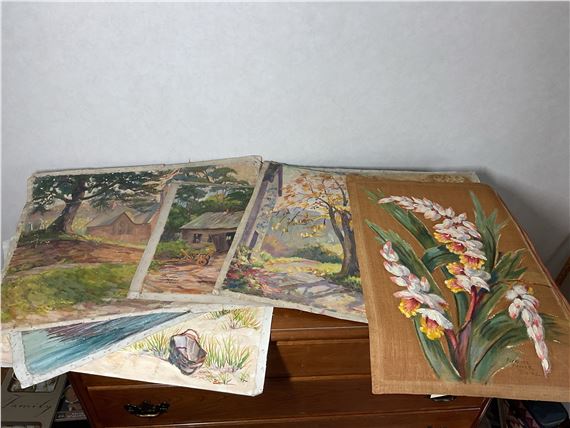 Includes multiple Florence Prince Ewing unstretched oil paintings on canvas featuring a range of landscapes by Florence Prince Ewing