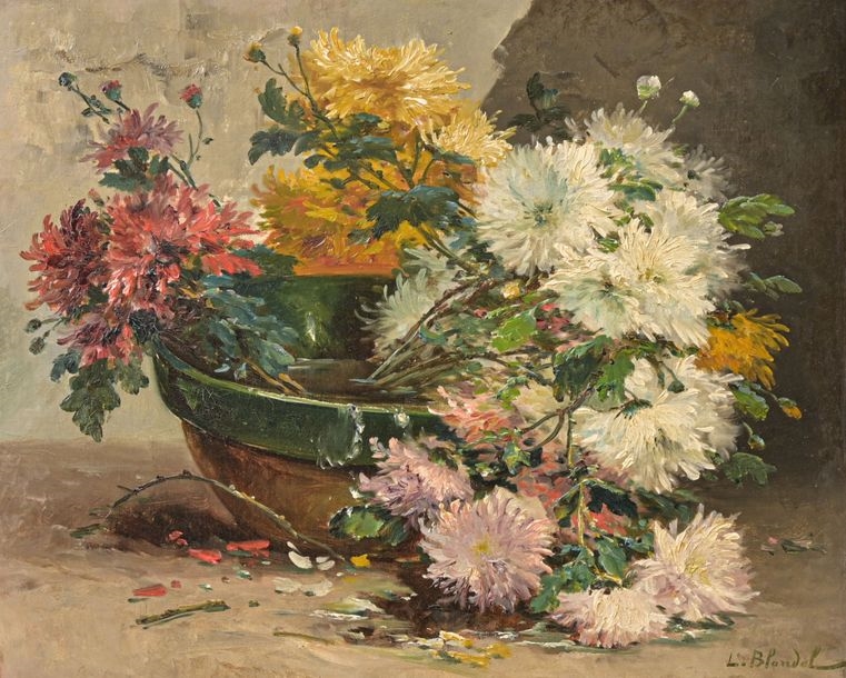 Artwork by Léonie Blondel, Basket of dahlias, Made of Oil on canvas