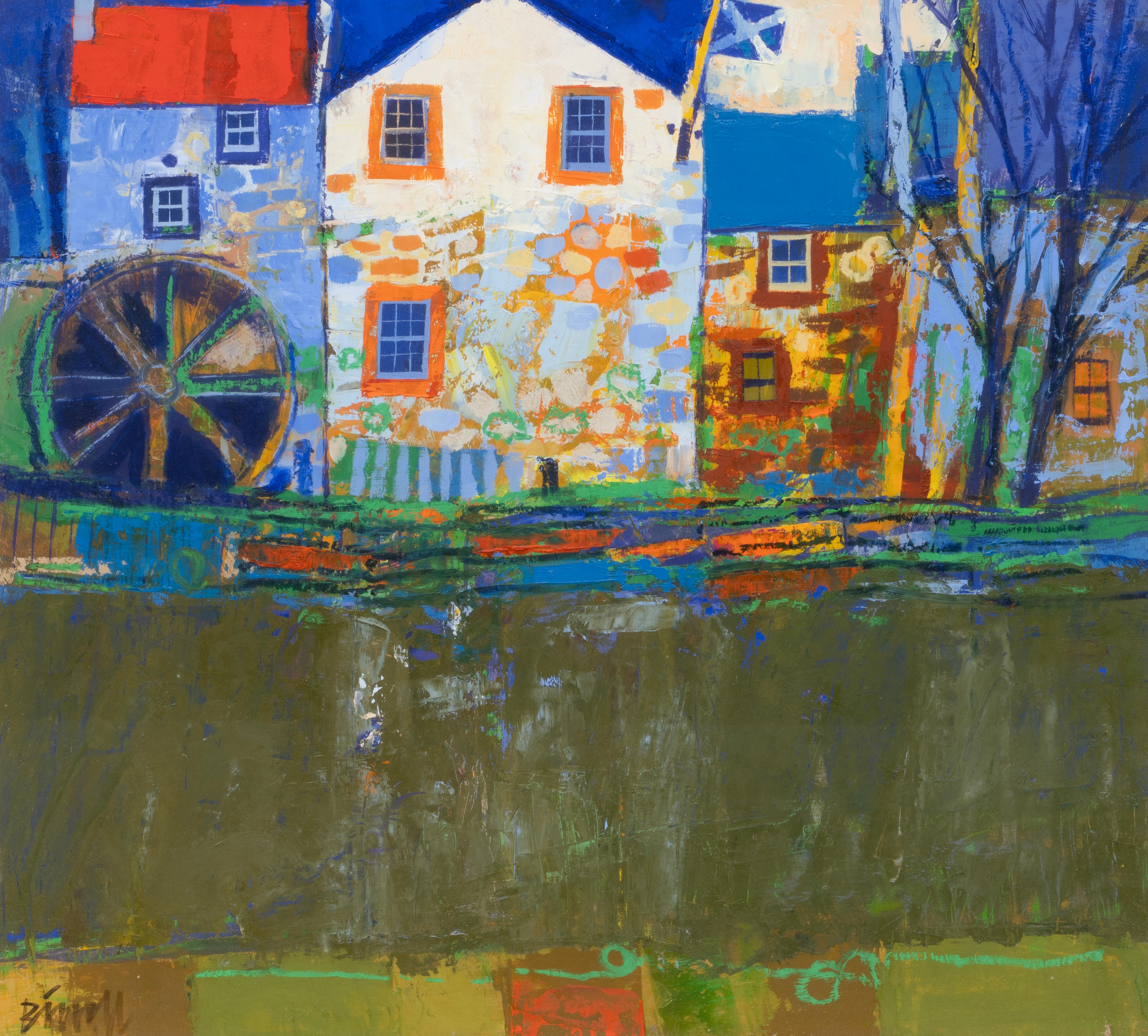 Artwork by George Birrell, Watermill Buildings, Made of oil on board