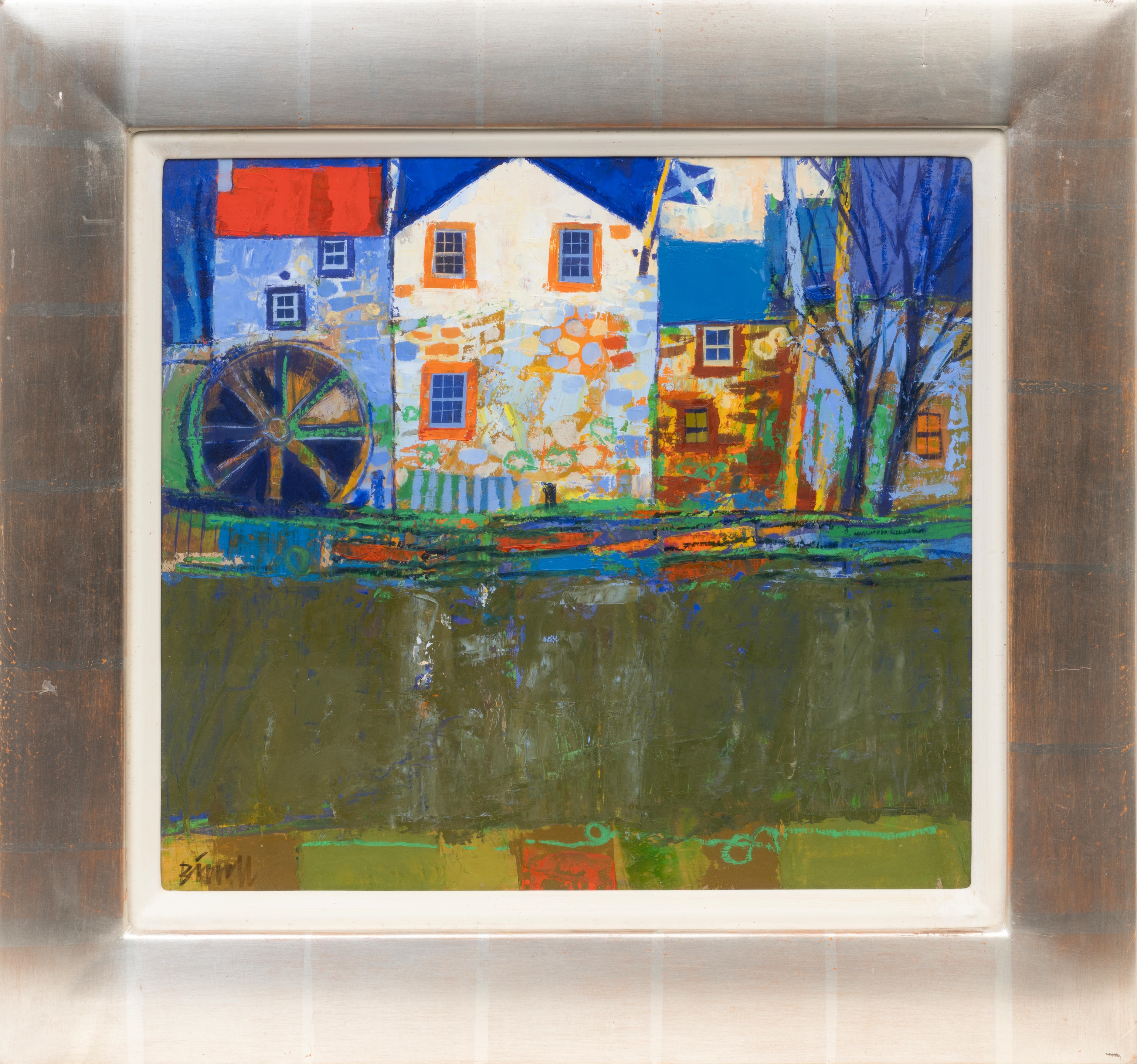 Artwork by George Birrell, Watermill Buildings, Made of oil on board