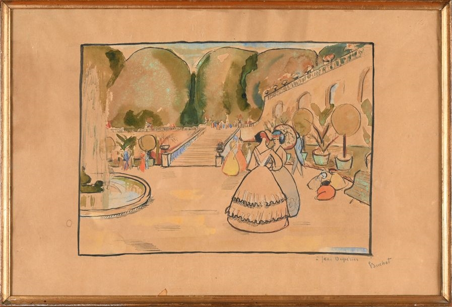 Artwork by Gustave Buchet, Couple in an interior, seated near the fireplace; Women in a public park, Made of Ink and gouache on bistre paper