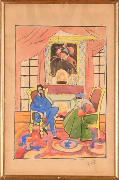 Artwork by Gustave Buchet, Couple in an interior, seated near the fireplace; Women in a public park, Made of Ink and gouache on bistre paper