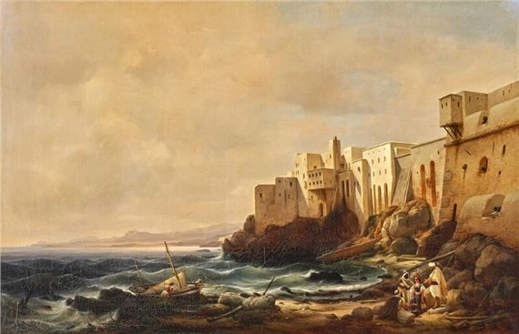 A coastal scene featuring ancient stone buildings on a rocky shore with a ship in the turbulent sea.