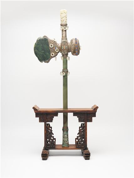 A spinach and celadon jade ritual axe with silver repoussé fittings - Mongolian School, 19th Century