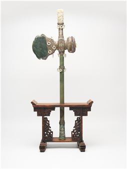 A spinach and celadon jade ritual axe with silver repoussé fittings - Mongolian School, 19th Century