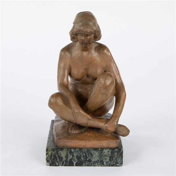 terracotta sculpture of a seated nude on a marble base - Marnix D'Haveloose