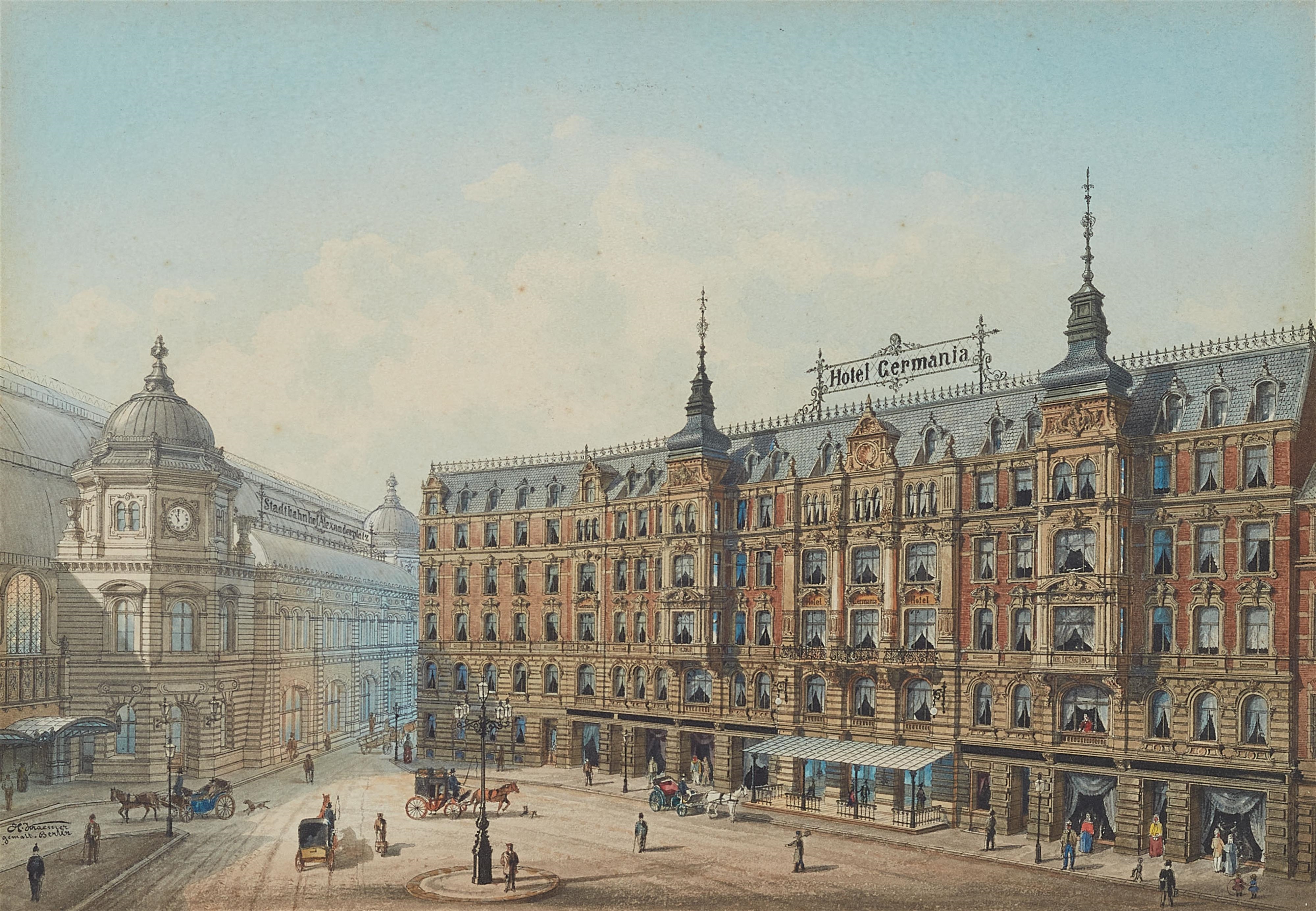 Artwork by Hermann Krämer, The old Alexanderplatz railway station and Hotel Germania in Berlin, Made of pen and watercolor on paper