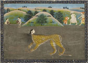 A Pahari painting of a tiger woman in a river - Indian School, 19th Century