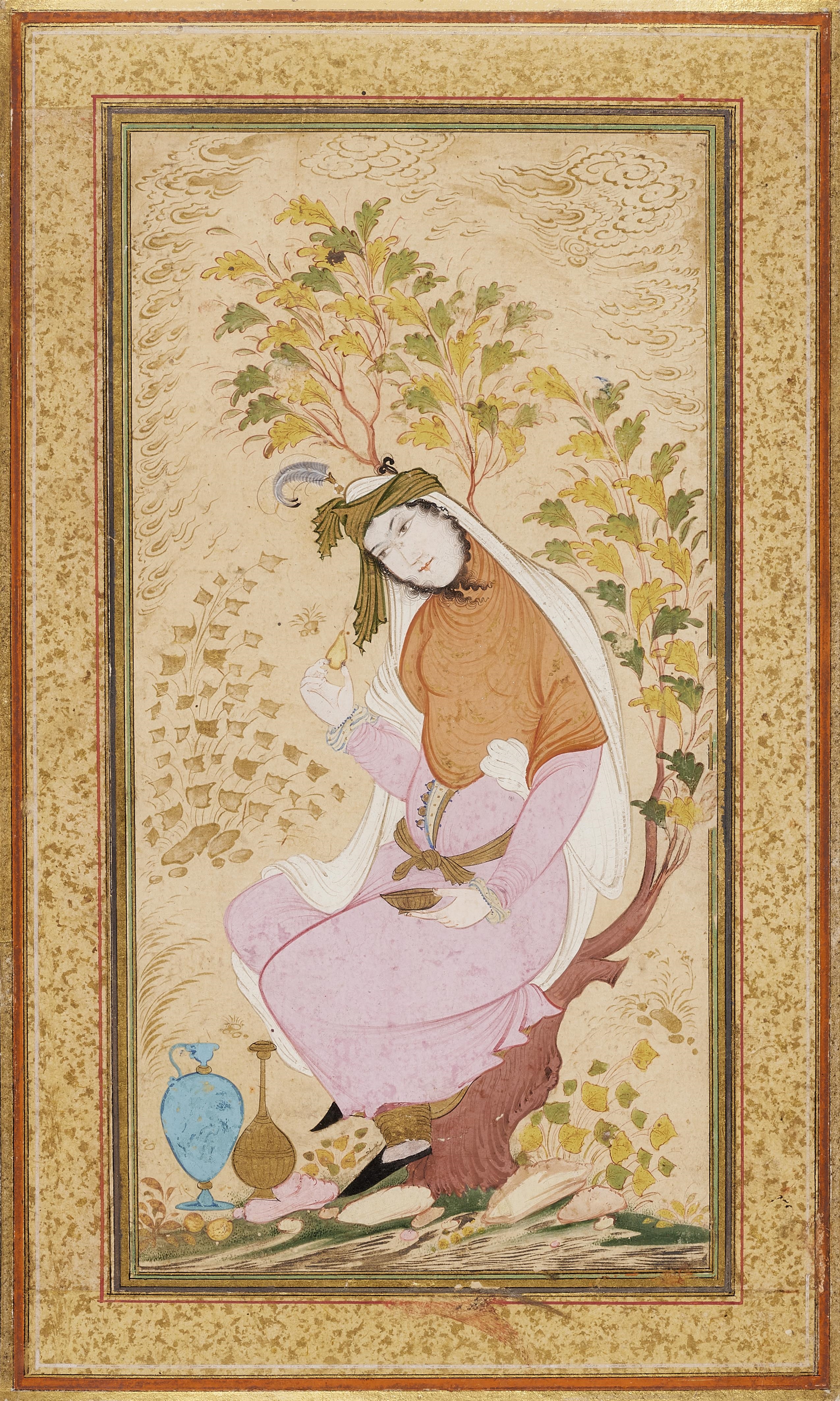 Artwork by Iranian School, 17th Century, A painting of an elegant lady, Made of Opaque pigments and gold on paper