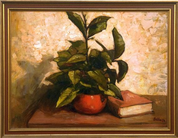 Still Life of Potted Plant and Book by Joseph Bellia, 1984