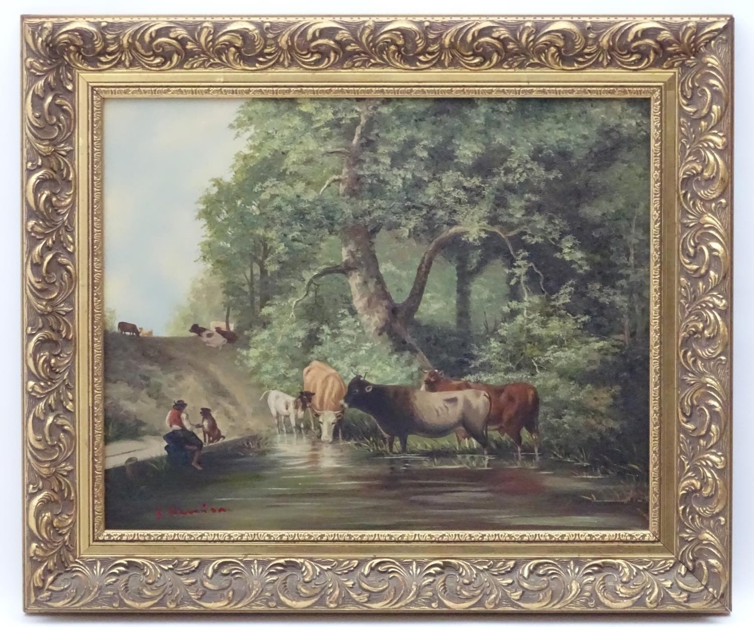 R. Harrison | A scene depicting cattle watering near woodland with a ...