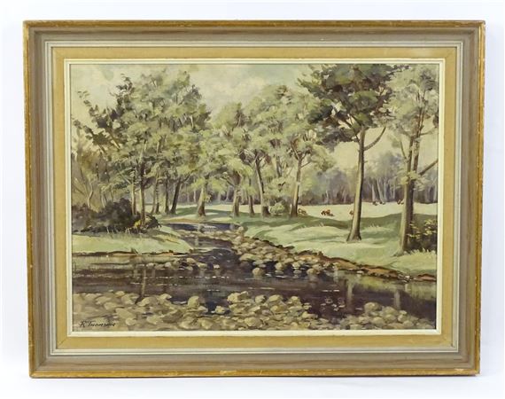 R. Thomson | A river landscape scene. Signed lower left. Approx. 16 1/2 ...