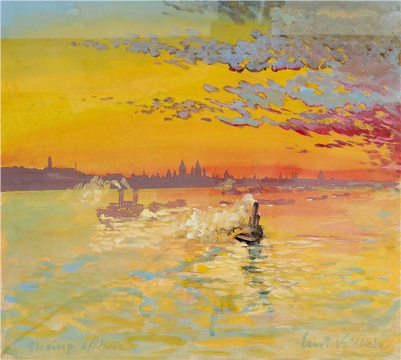 A vibrant watercolor seascape capturing a sunset over a river with steamboats and a distant city skyline.