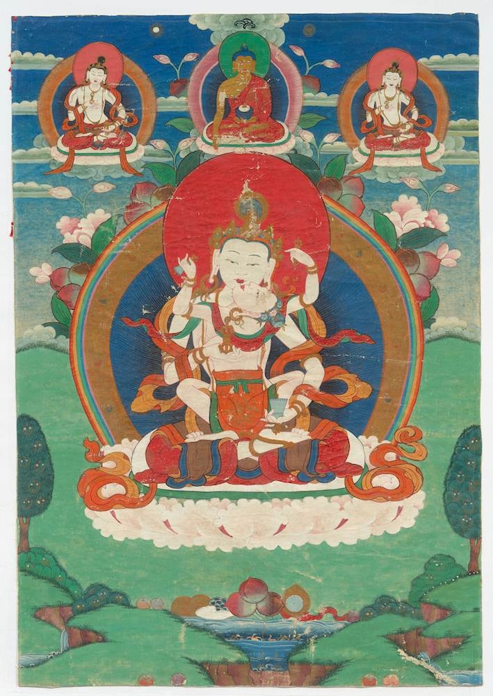 Artwork by Mongolian School, 19th Century, Above the couple Shakyamuni and two other manifestations of Vajrasattva, Made of Thangka
