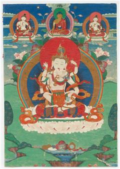 Above the couple Shakyamuni and two other manifestations of Vajrasattva - Mongolian School, 19th Century