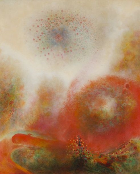 Artwork by Jacques Moreau, Change in the heart, and the heart in the soup!!!! So one world dies another is born. Fire turns, air burns, Made of Mixed media, oil and tempera on isorel