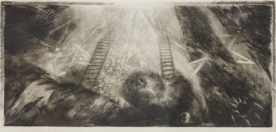 Artwork by Jacques Moreau, Here the angel goes down and the monkey goes up, Made of Etching