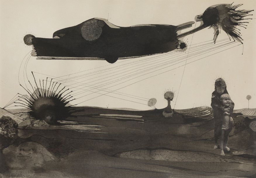 Artwork by Mauro Mejíaz, Surrealist composition, Made of ink wash and collage on paper