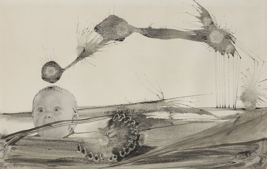 Artwork by Mauro Mejíaz, Surrealist composition, Made of ink wash and collage on paper
