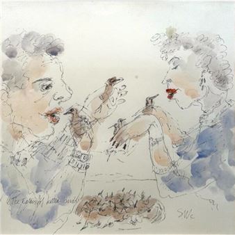 A sketch of two figures in profile sharing a moment with birds.