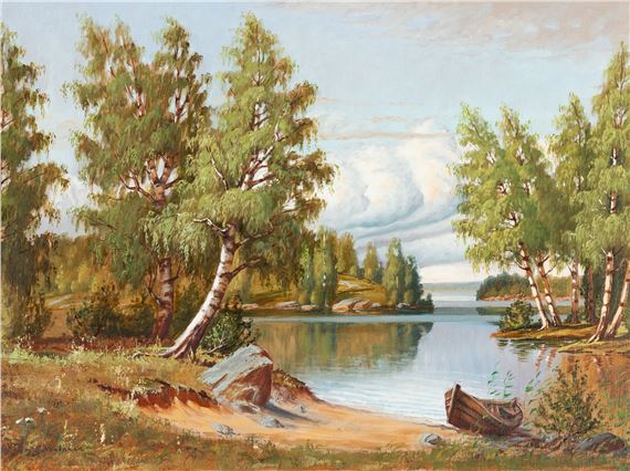 A serene landscape painting of a calm lake bordered by birch trees and a small boat.
