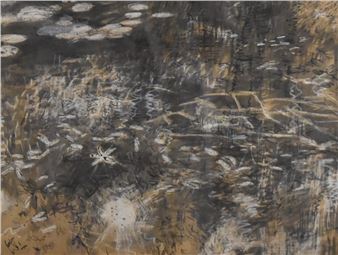 A textured abstract painting featuring a chaotic blend of earthy browns, blacks, and whites.