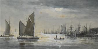 Richard Allam (British 19th century) watercolour, marina scene at dusk, signed lower left, within - Richard Allam