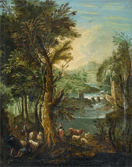 Landscape with shepherd, sheep and cows by German School, 18th Century