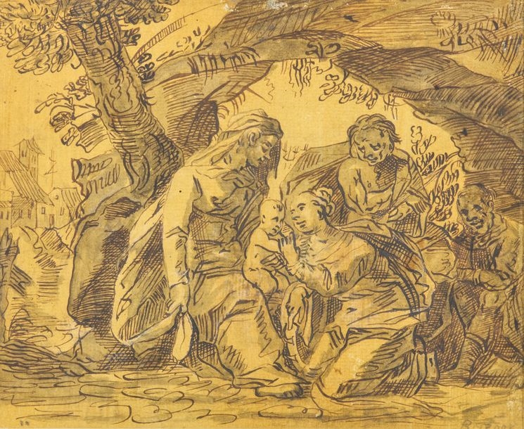 Artwork by Hermann Weyer, Mystical wedding of Saint Catherine, Made of Pen, brown and black ink and gray wash on prepared paper