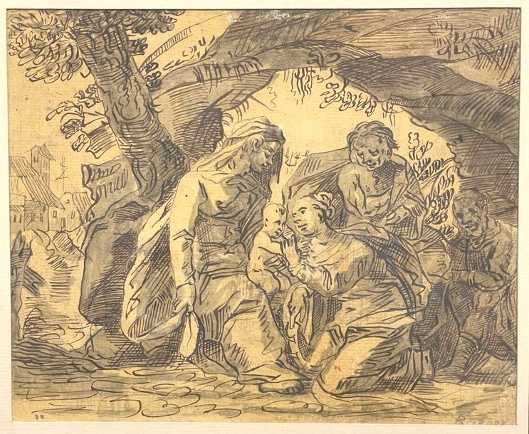 Artwork by Hermann Weyer, Mystical wedding of Saint Catherine, Made of Pen, brown and black ink and gray wash on prepared paper