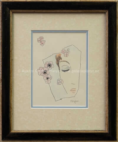 Artwork by Toyen, Dívka s růžovými květy, Made of colored zinograph on paper