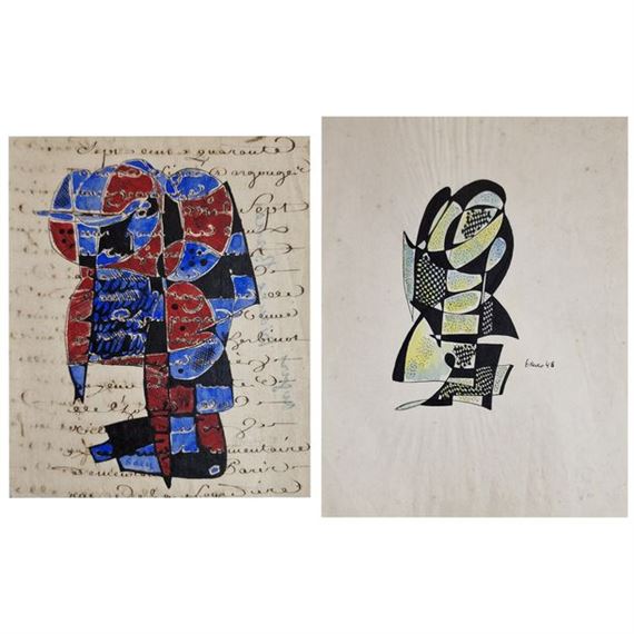 Two compositions INK AND COLORS on paper with an old manuscript One - Mark Bauer