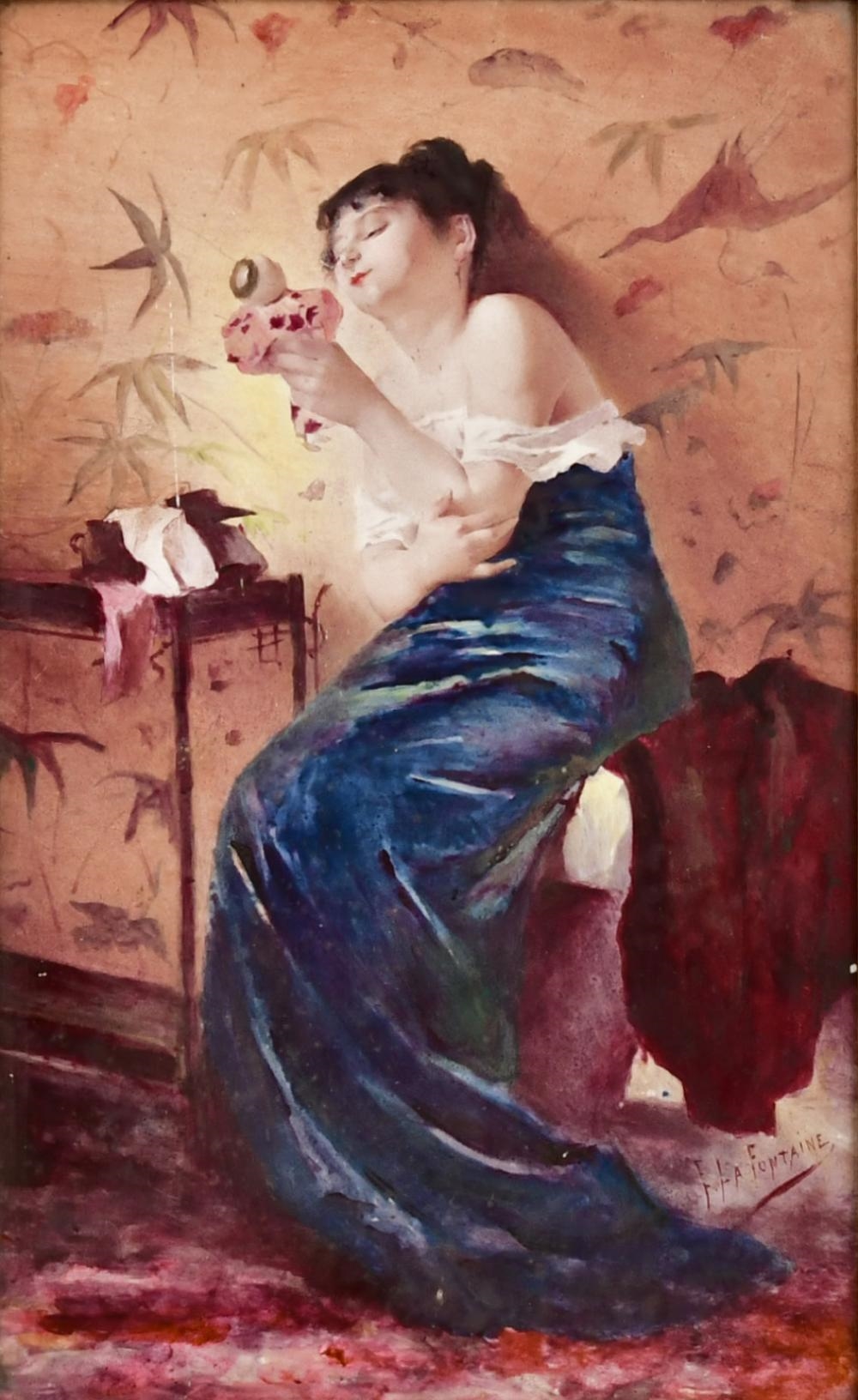 Artwork by E. La Fontaine, French Hand-Painted Porcelain Plaque of a Woman, Made of Porcelain