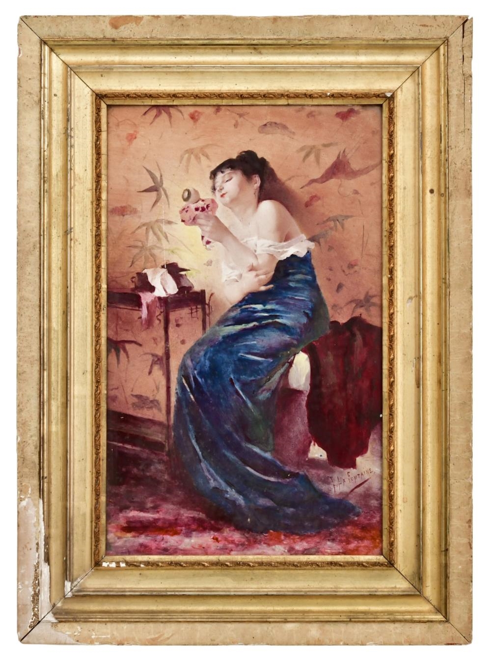 Artwork by E. La Fontaine, French Hand-Painted Porcelain Plaque of a Woman, Made of Porcelain