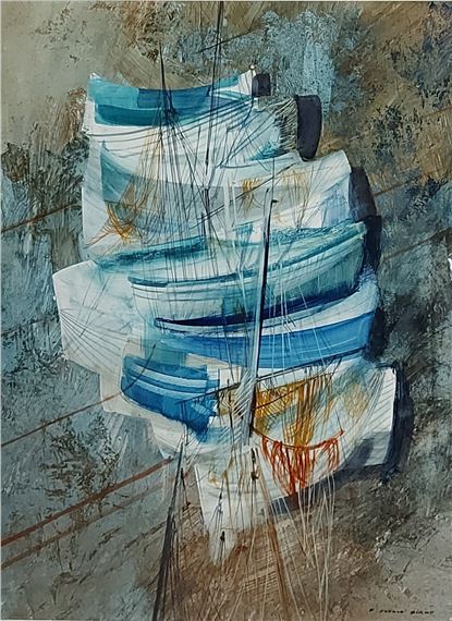 A stacked arrangement of blue and white boat-like forms against a textured, abstract background.
