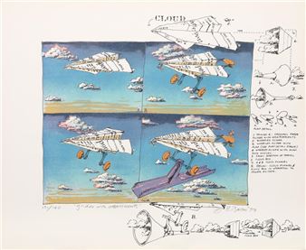 A whimsical technical drawing of a cloud-shaped airplane with detailed engineering schematics.